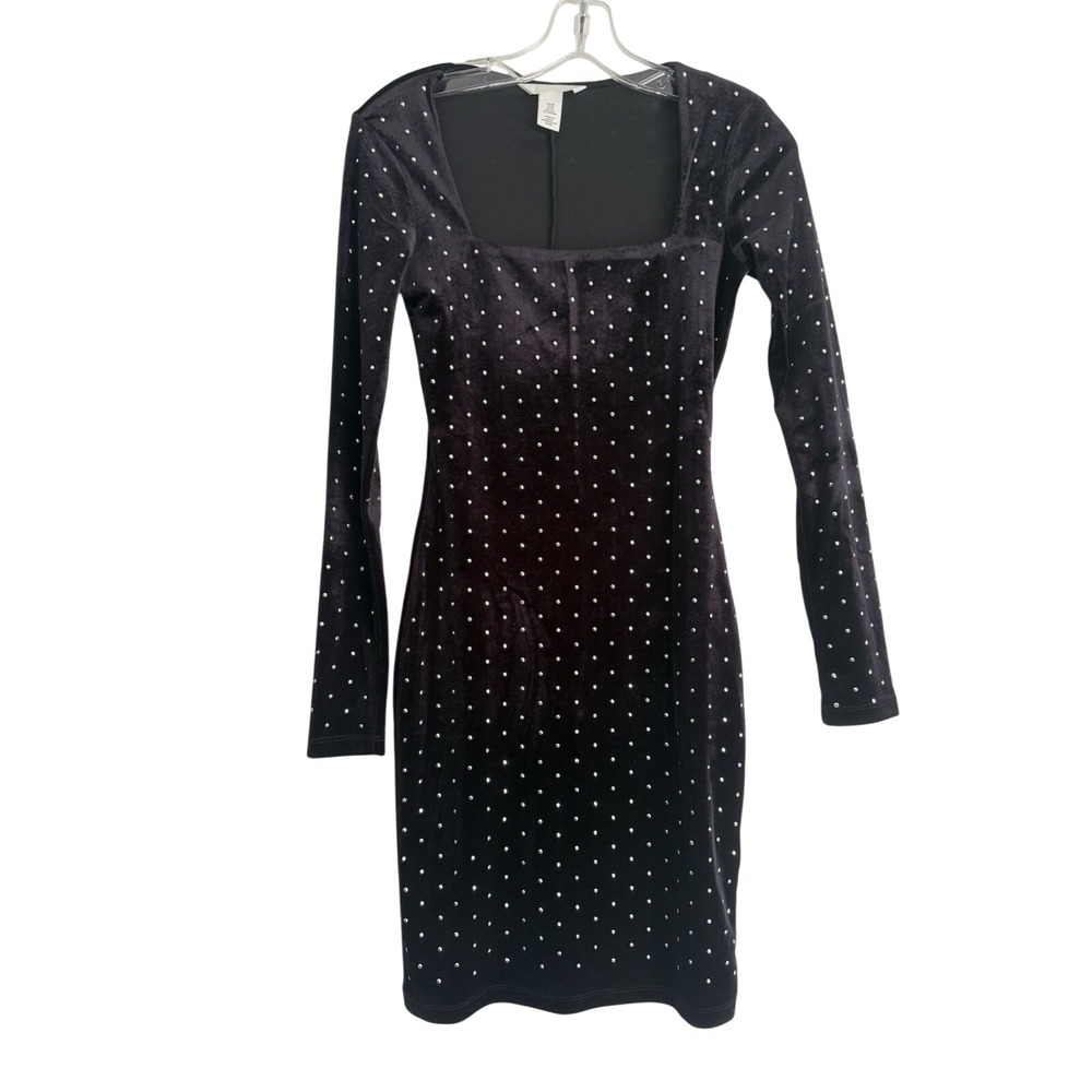 H&M Black Velvet‎ Sz XS Mini Party Cocktail Dress Sparkle Crystal Studded Bling